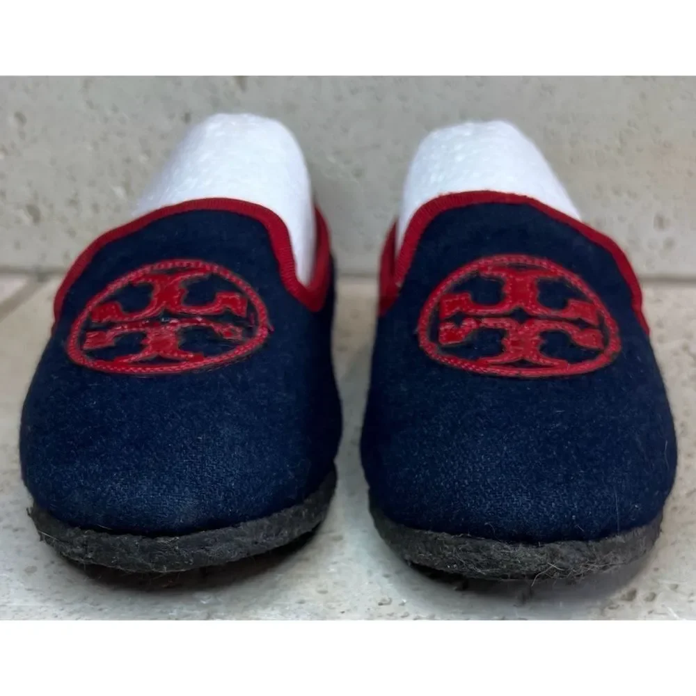 TORY BURCH Navy Blue Billy Logo Wool felt slippers Slip on Loafers Women's Sz 5